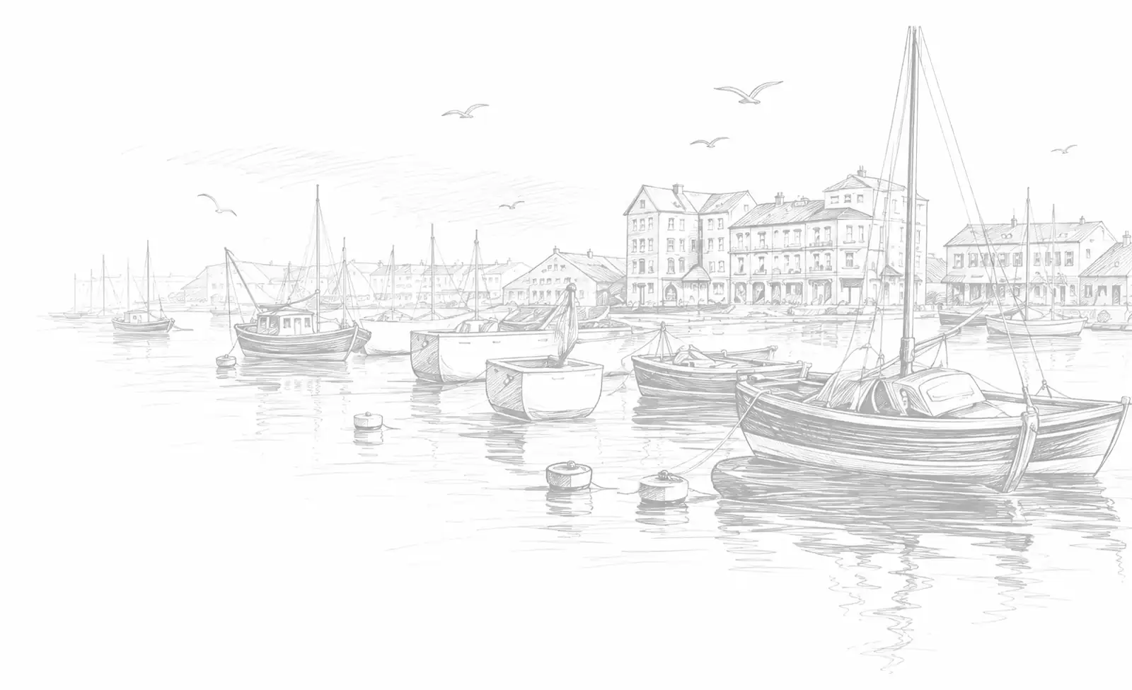 Line drawing of a harbour with fishing boats and quay buildings